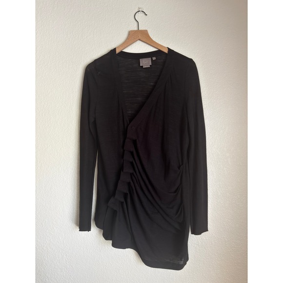 Vanessa Virginia Tops - Vanessa Virginia Anthropologie Black Draped Ruffle V-Neck Long Sleeve Top Medium